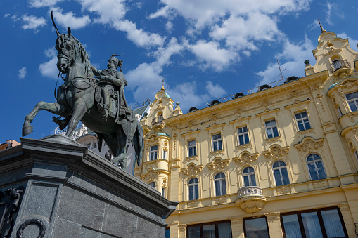 Yelabuga, Tatarstan, Russia. June 7, 2020: Monument to the girl cavalryman Durova on a horse.