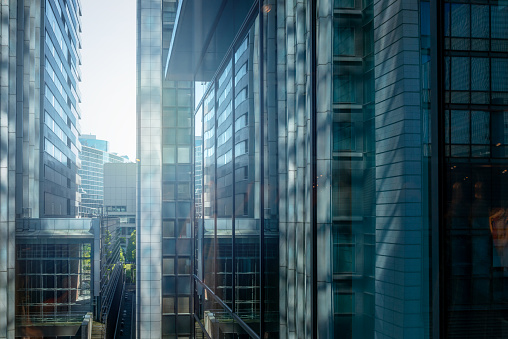 Skyscrapers seen through the glass, urban landscape
