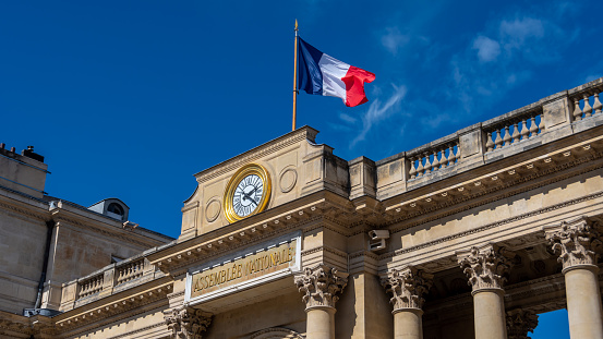Facade of the French National Assembly building, also called Palais Bourbon or chamber of deputies, elected representatives in parliament by the people of France