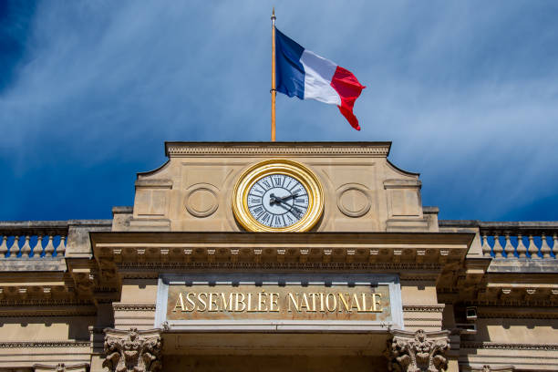 detail der fassade des gebäudes der französischen nationalversammlung, paris, frankreich - frontgiebel stock-fotos und bilder