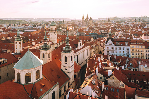 Aerial view of Prague old town during sunrise in Czech Republic