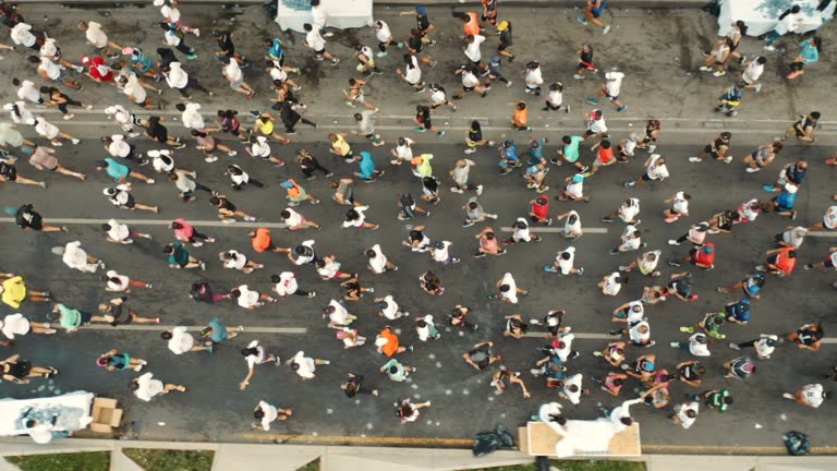 Aerial view of marathon city runners