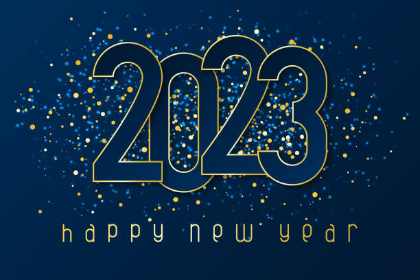 ilustraciones, imágenes clip art, dibujos animados e iconos de stock de cartel de feliz año nuevo 2023 con números recortados en papel y con confeti. - día de fin de año