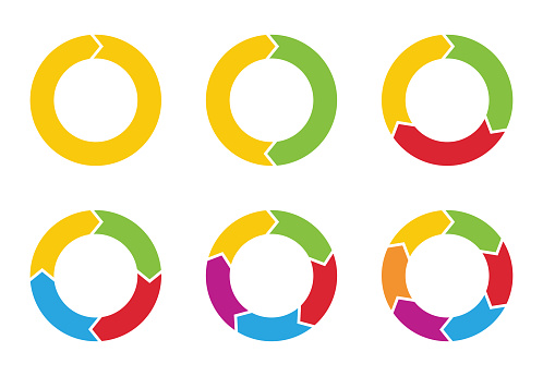 Pie chart set. Colorful diagram collection with 1,2,3,4,5,6 sections or steps. Circle icons for infographic, UI, web design, business presentation. Vector illustration.