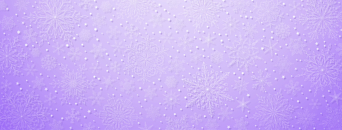 Background of complex big and small Christmas snowflakes in light purple colors. Winter illustration with falling snow