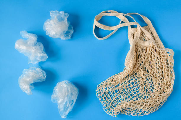 istock Several plastic bags opposite one eco-friendly shopping bag on a blue background. The concept of replacing plastic with environmentally friendly materials. Flat lay, copy space. 1423178109