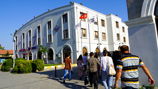 People are departing and arriving historical train station in Alsancak, Izmir, Turkey on 03.09.2022