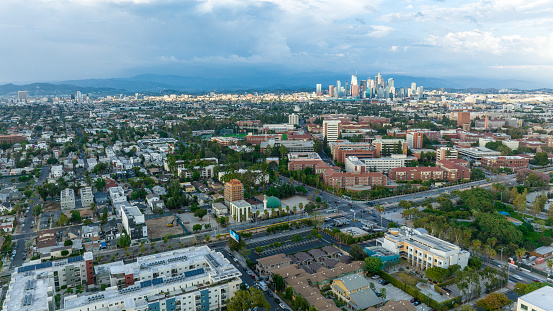 Aerial view of downtown Los Angeles and the University of Southern California campus.