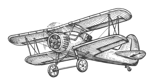 ilustrações, clipart, desenhos animados e ícones de aviões voadores. avião retrô. aviação de esboço manual no estilo vintage de gravação. ilustração vetorial isolada - airplane biplane retro revival old fashioned