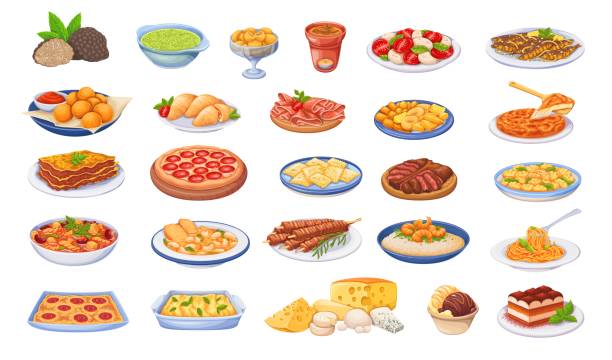 ilustraciones, imágenes clip art, dibujos animados e iconos de stock de set de comida italiana, pizza y pasta aisladas, bocadillos de comida rápida frita con queso y postre - minestrone