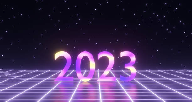 istock 2023 new year numbers, neon colored, wireframe poster 1423184803