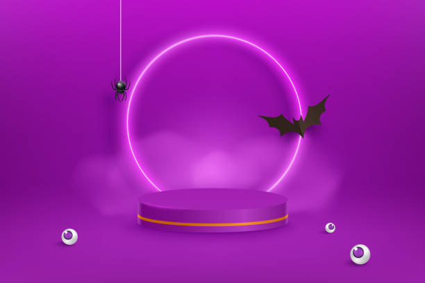 istock Violet Halloween background with bat, fog, spider and neon lights. Geometry shape platform. Realistic 3d design stage podium, round studio, neon lights 1423185451