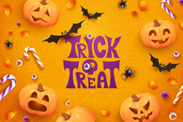 poster halloween dengan permen, laba-laba, kelelawar, dan labu di latar belakang ungu. trick or treat. template spanduk halloween dengan labu jack o lantern yang realistis - halloween ilustrasi stok