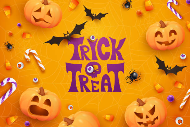 Halloween poster with candies, spiders, bats and pumpkins on violet background. Trick or Treat. Halloween banner template with realistic Jack O Lantern pumpkins Halloween poster with candies, spiders, bats and pumpkins on violet background. Trick or Treat. Halloween banner template with realistic scary Jack O Lantern pumpkins halloween stock illustrations