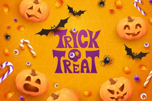 Vector illustration of Halloween poster with candies, spiders, bats and pumpkins on violet background. Trick or Treat. Halloween banner template with realistic Jack O Lantern pumpkins