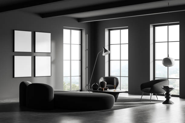 istock Grey relax room interior with seats and panoramic window. Mockup frames 1423185962