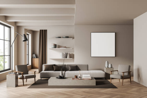 istock Front view on bright living room interior with empty poster 1423186022