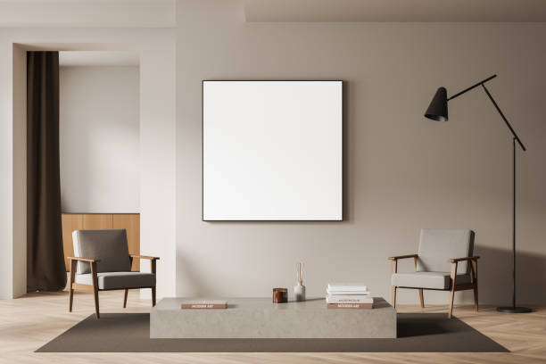 istock Chill room interior with chairs and coffee table, decoration and mockup frame 1423186644