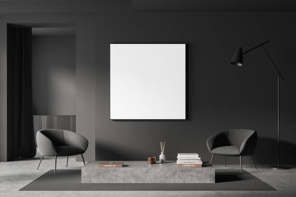 istock Lounge room interior with chairs and coffee table, decoration and mockup frame 1423187067