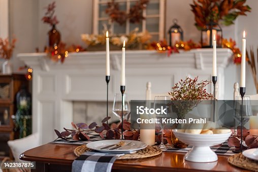 istock Thanksgiving dinner table decorated for fall 1423187875