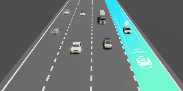 istock E road EV electric road vehicle automatic charging road Charging the battery while driving Wireless charging 3D illustration 1423190787