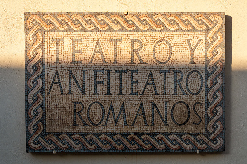 Roman sign at the entrance of the Roman Ruins of Merida, Extremadura. Spain