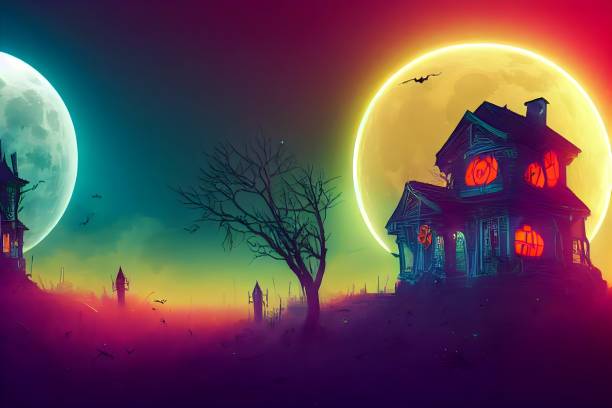 istock Halloween spooky creepy background with neon colors. 1423192014