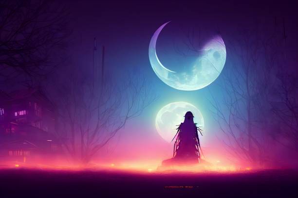 istock Halloween spooky creepy background with neon colors. 1423192033