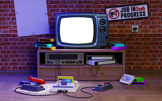 3d illustration. Old-fashioned TV set with gamepads, game console and floppy disks(cartridges), video recorder.