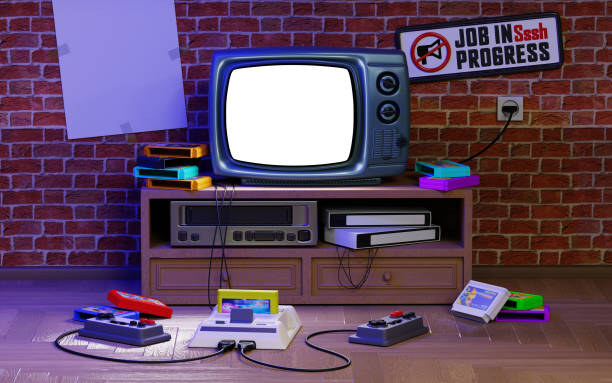 Retro media and room, 90s entertainment. White background on the screen, for your image. 3d illustration. Old-fashioned TV set with gamepads, game console and floppy disks(cartridges), video recorder. old-tv-set-console stock pictures, royalty-free photos & images