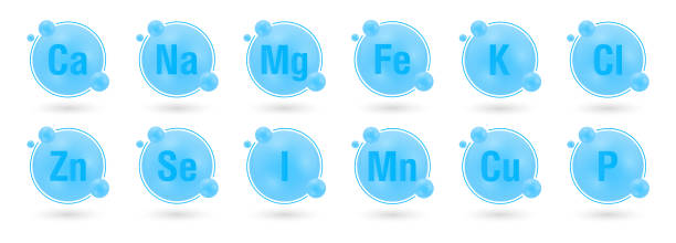 ilustraciones, imágenes clip art, dibujos animados e iconos de stock de minerales. conjunto de macrominerales y microminerales, colección. ca, na, mg, fe, cl, k, zn, se, i, mn, cu, p. ilustración nutricional. elementos dietéticos. minerales para la vida. vector - zinc