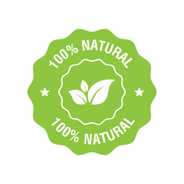 ilustraciones, imágenes clip art, dibujos animados e iconos de stock de insignia de alimentos de cupones orgánicos 100 por ciento naturales con hoja. logotipo o etiqueta de producto con icono verde natural. vector - purity