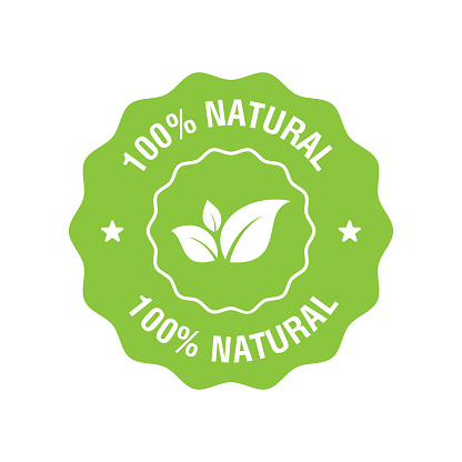 100 percent natural organic stamp food badge with leaf. Natural green icon product label or logo typography. Vector illustration