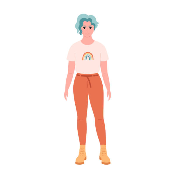 Modern young woman with blue hair in casual outfit. LGBT person, LGBT rainbow, non-binary. Stylish fashionable look. Hand drawn vector illustration Modern young woman with blue hair in casual outfit. LGBT person, LGBT rainbow, non-binary. Stylish fashionable look. Vector illustration lgbt history month stock illustrations