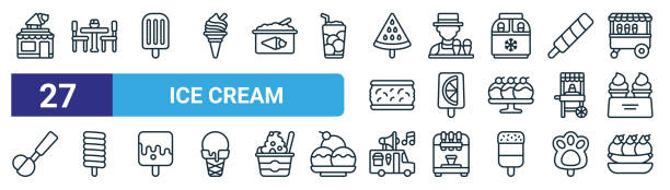 set von 27 outline web ice cream icons wie eisdiele, eisdiele, lolly, mann, lolly, lolly, van, banana split vector thin line icons für webdesign, mobile app. - ice cream sandwich stock-grafiken, -clipart, -cartoons und -symbole