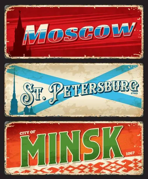 Vector illustration of Saint Petersburg, Moscow, Minsk city travel plates