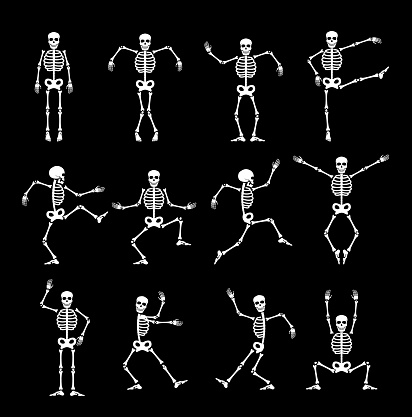 Skeleton dance animated game sprite. Vector set of funny halloween characters in different poses. Cute creepy personage with skeleton dancing, jumping, squatting and playing sequence animation