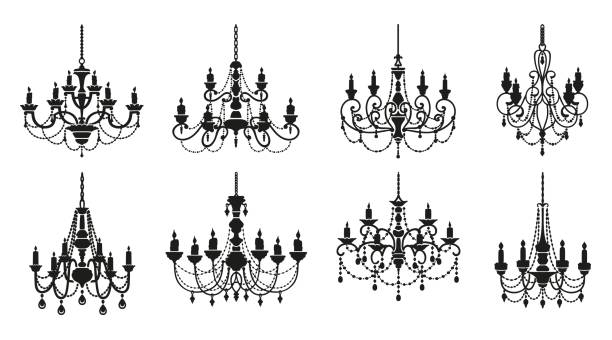 illustrazioni stock, clip art, cartoni animati e icone di tendenza di sagome lampadario, lampade in cristallo candelabro - chandelier