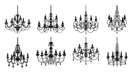 Chandelier silhouettes, candelabra with candlesticks and crystal lamp lights, vector icons. Vintage baroque chandelier lamps or royal lampshades with candles and crystal pendants in black silhouettes