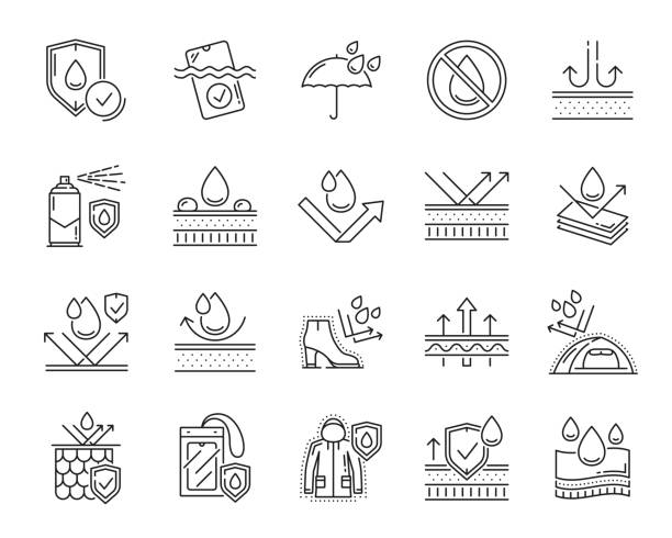Waterproof icons, water proof fabrics line symbols Waterproof icons, water proof fabrics line symbols, vector drops and shield. Waterproof of weather resistant material linear icons and umbrella pictograms for water proof footwear and sportswear waterproof stock illustrations