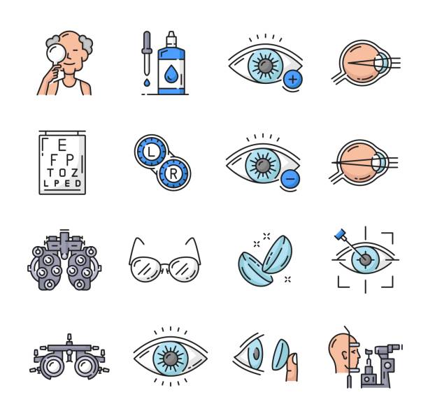 illustrations, cliparts, dessins animés et icônes de icônes d’optométrie, chirurgie au laser oculaire, ophtalmologie - optical instrument illustrations