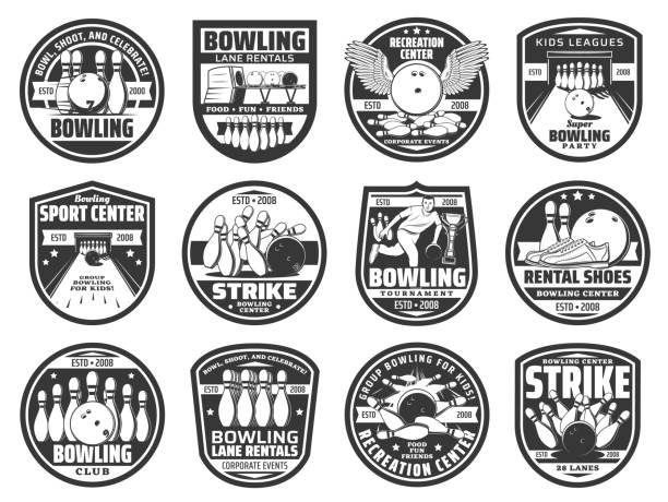 Bowling club ball icons, team strike and pin game Bowling club ball icons, team strike pin game, vector tournament competition, league badges. Ninepin bowling sport game emblems of ball with wings and champion cup, lane rentals entertainment center number 10 stock illustrations