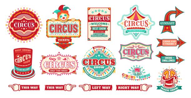 Circus carnival signs and signboards to magic show Circus carnival signs and signboards, fair show welcome banners, vector direction pointers. Circus funfair carnival ticket booth poster with finger arrow signboard to lions or tigers magic show cartoon joker stock illustrations