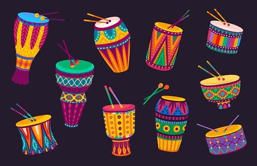 Brazilian and african drums, cartoon music instruments with traditional ornament. Vector Africa or Brazil ethnic or Latin folk percussion drums with drumsticks, carnival band djembe or cuica drums