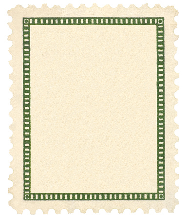 Blank Empty Isolated Vintage Postage Stamp Copy Space Background, Beige Sepia Tan Texture Pattern, Vertical Green Retro Vignette Frame Macro Closeup