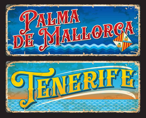 Tenerife, Palma de mallorca spanish city plates Tenerife, Palma de mallorca spanish city plates and travel stickers. Vector vintage banners with Spain Kingdom regions, geography territory landmarks. Touristic grunge signs with heraldic symbolic travel sticker stock illustrations