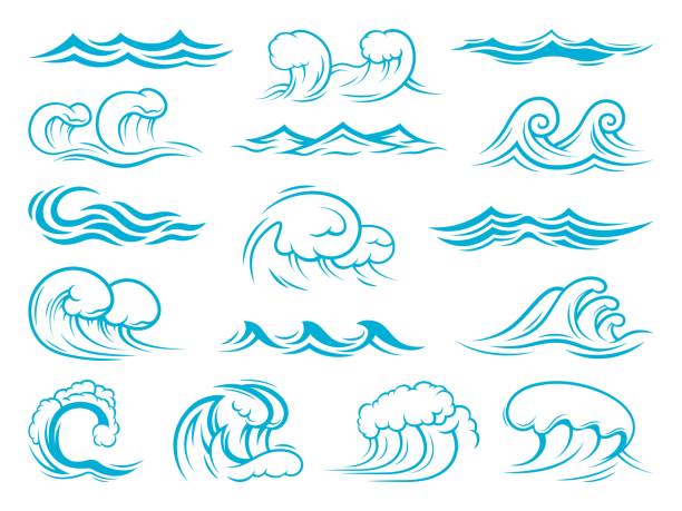 illustrations, cliparts, dessins animés et icônes de icônes des vagues de la mer et de l’océan, tsunami, ensemble de vagues de surf - sea water surf tide