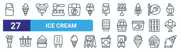 set of 27 outline web ice cream icons such as ice cream, ice cream, hine, lolly, vector thin line icons for web design, mobile app. set of 27 outline web ice cream icons such as ice cream, ice cream, hine, lolly, vector thin line icons for web design, mobile app. snow cone stock illustrations