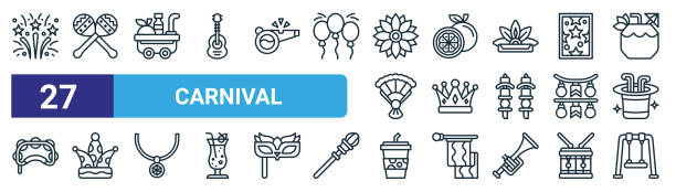 set of 27 outline web carnival icons such as fireworks, maracas, shopping cart, orange, crown, buffoon, drink, swing vector thin line icons for web design, mobile app. set of 27 outline web carnival icons such as fireworks, maracas, shopping cart, orange, crown, buffoon, drink, swing vector thin line icons for web design, mobile app. sceptre stock illustrations