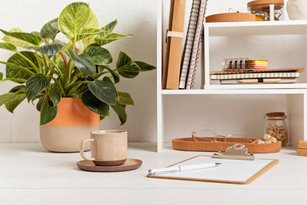 istock Desktop organizer with school stationary and office supplies. Work space organization 1423207374